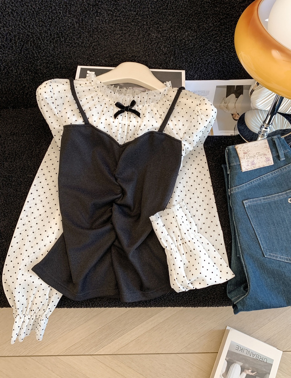 Pseudo-two knitted tops polka dot shirt for women