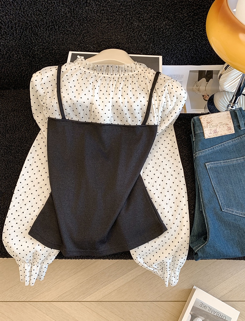 Pseudo-two knitted tops polka dot shirt for women