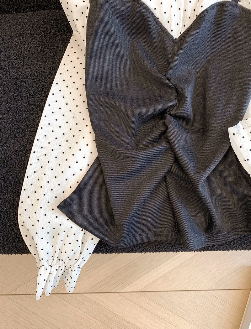 Pseudo-two knitted tops polka dot shirt for women