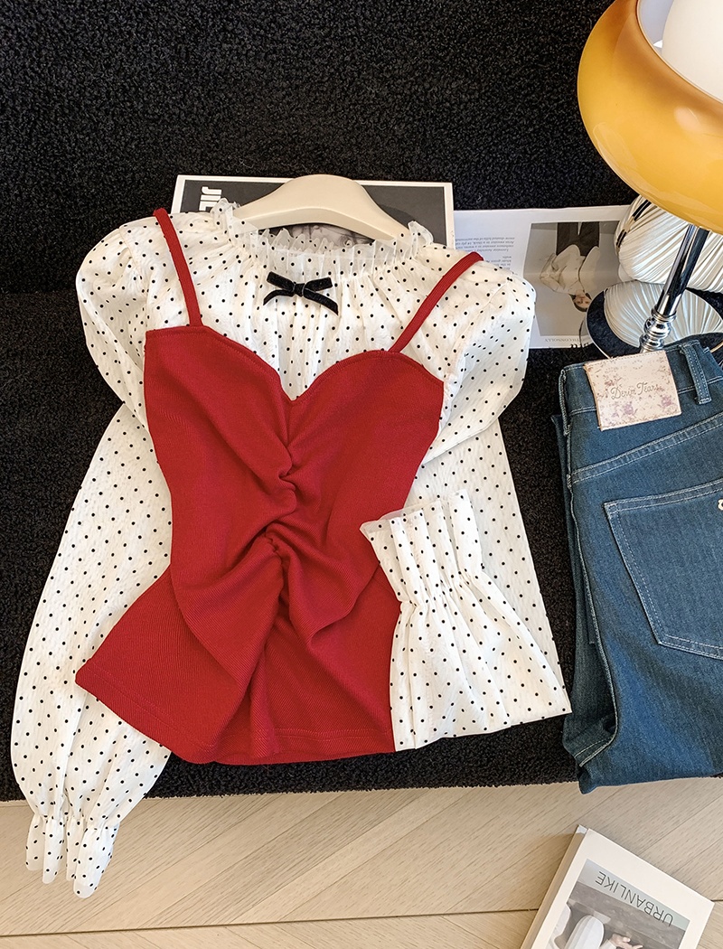 Pseudo-two knitted tops polka dot shirt for women