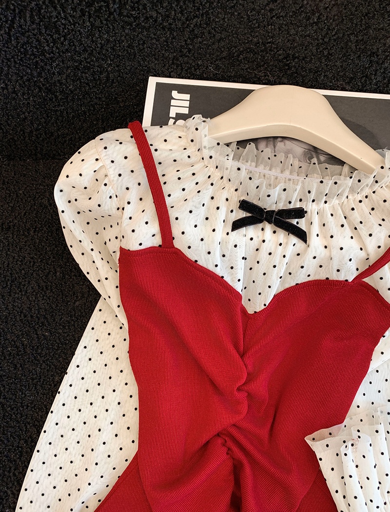 Pseudo-two knitted tops polka dot shirt for women