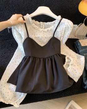 Wood ear spring vest Korean style polka dot tops 2pcs set