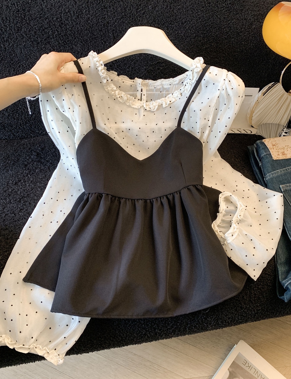 Wood ear spring vest Korean style polka dot tops 2pcs set