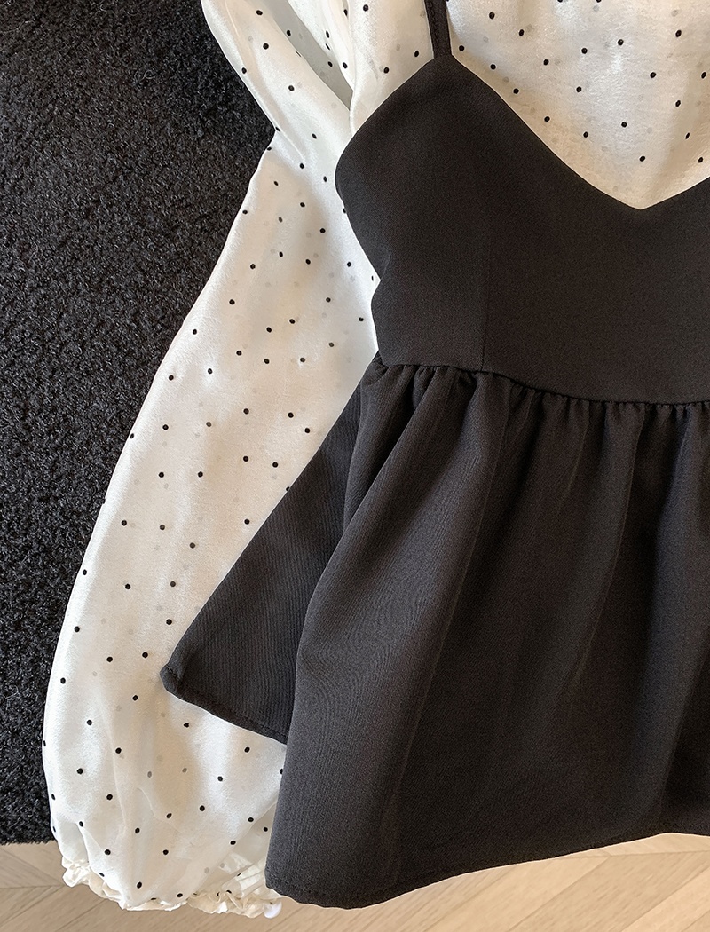 Wood ear spring vest Korean style polka dot tops 2pcs set