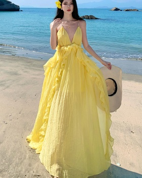 Yellow seaside big skirt dress sexy vacation beach dress