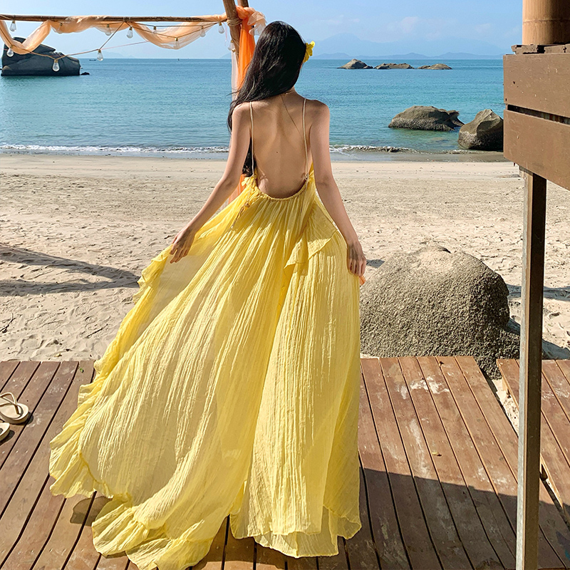 Yellow seaside big skirt dress sexy vacation beach dress