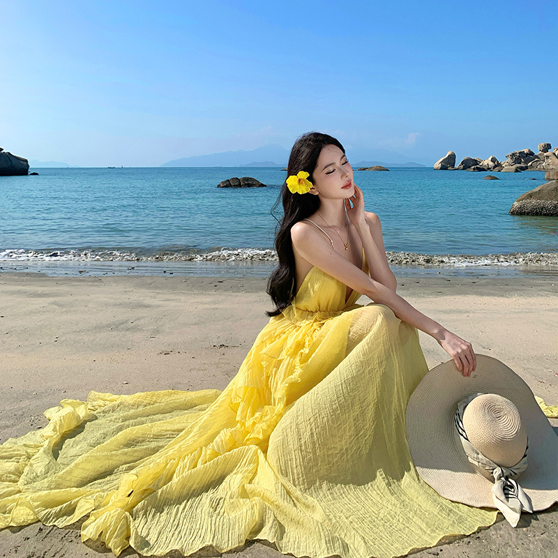 Yellow seaside big skirt dress sexy vacation beach dress