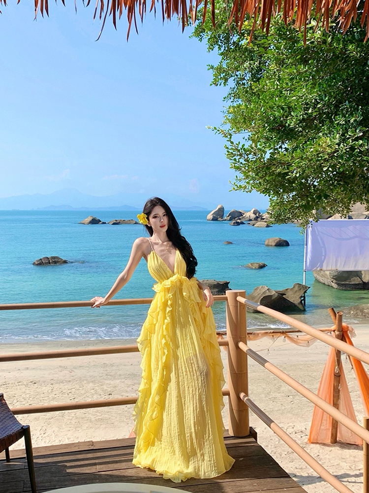 Yellow seaside big skirt dress sexy vacation beach dress