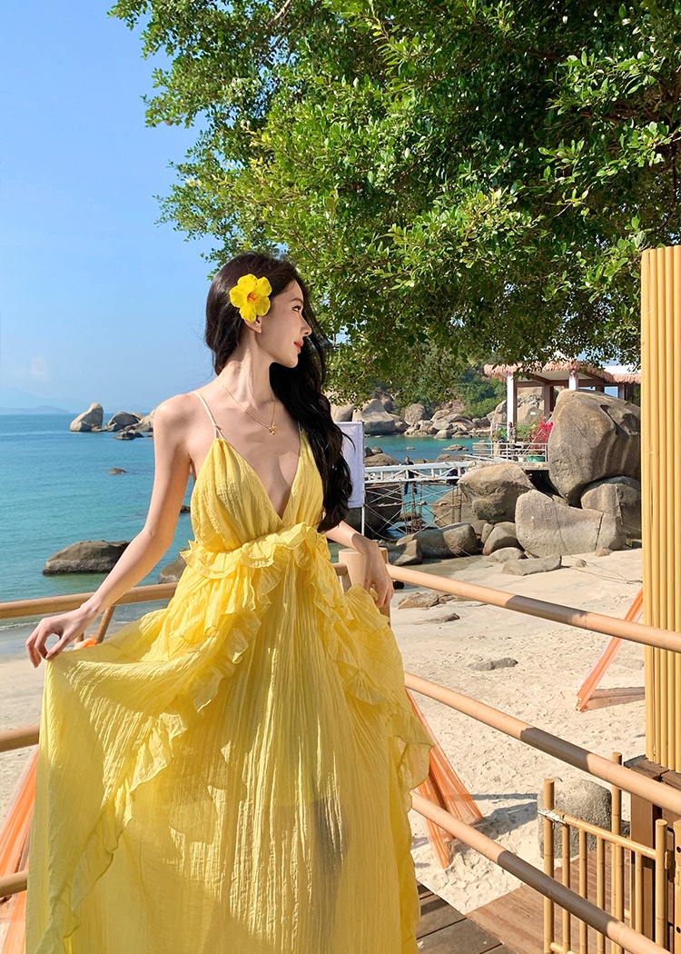 Yellow seaside big skirt dress sexy vacation beach dress