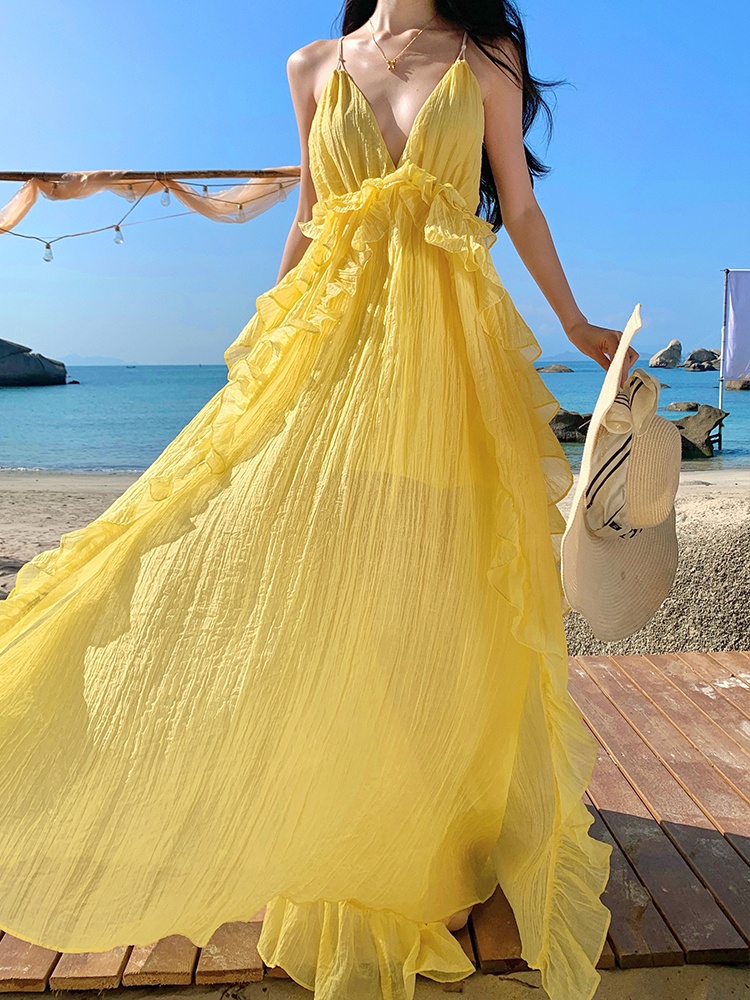 Yellow seaside big skirt dress sexy vacation beach dress