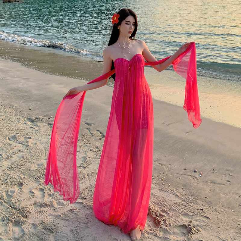 Lady seaside dress wrapped chest long dress