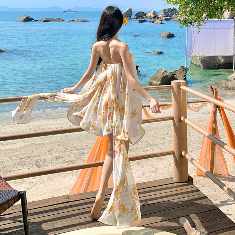 Streamer wrapped chest dress chiffon T-back