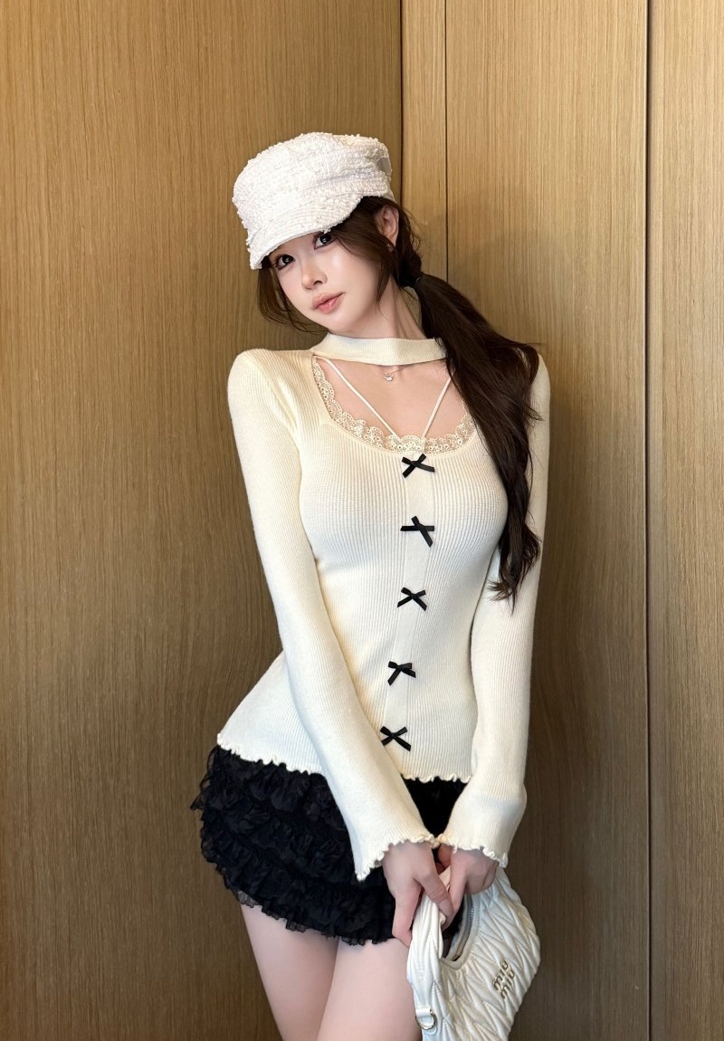 Hollow splice autumn and winter halter sweater for women