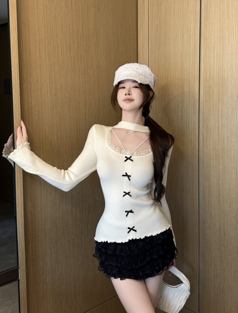 Hollow splice autumn and winter halter sweater for women