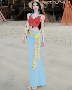 Light-blue summer vacation gauze long skirt 2pcs set for women