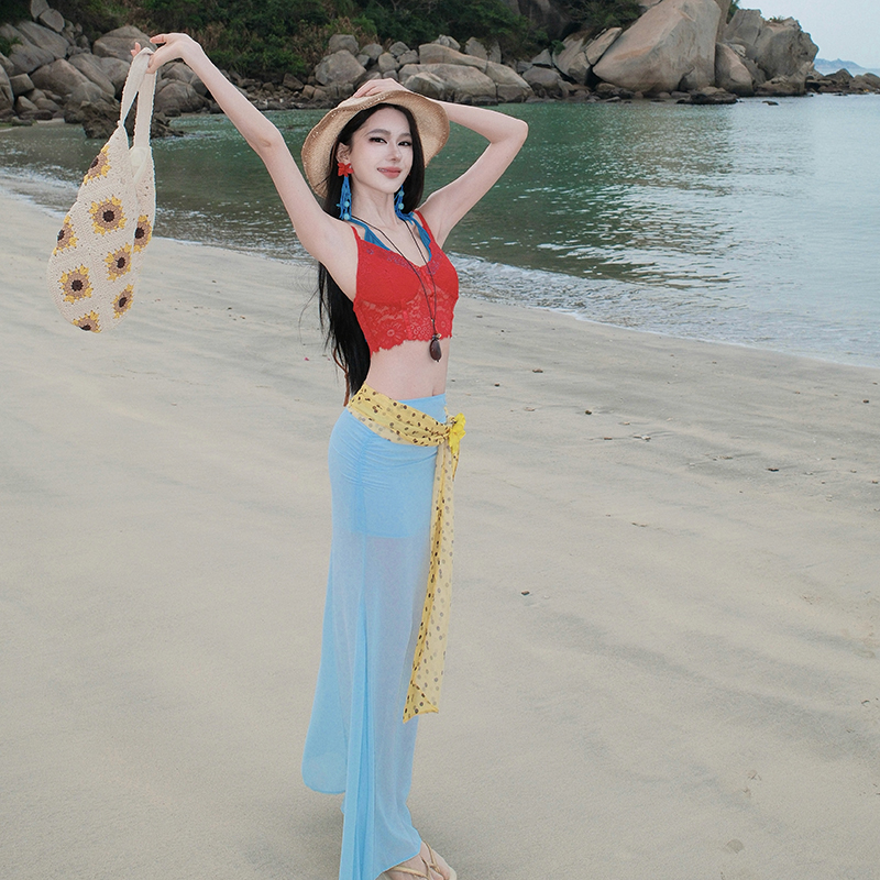 Light-blue summer vacation gauze long skirt 2pcs set for women