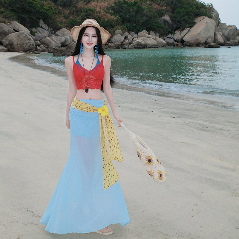 Light-blue summer vacation gauze long skirt 2pcs set for women