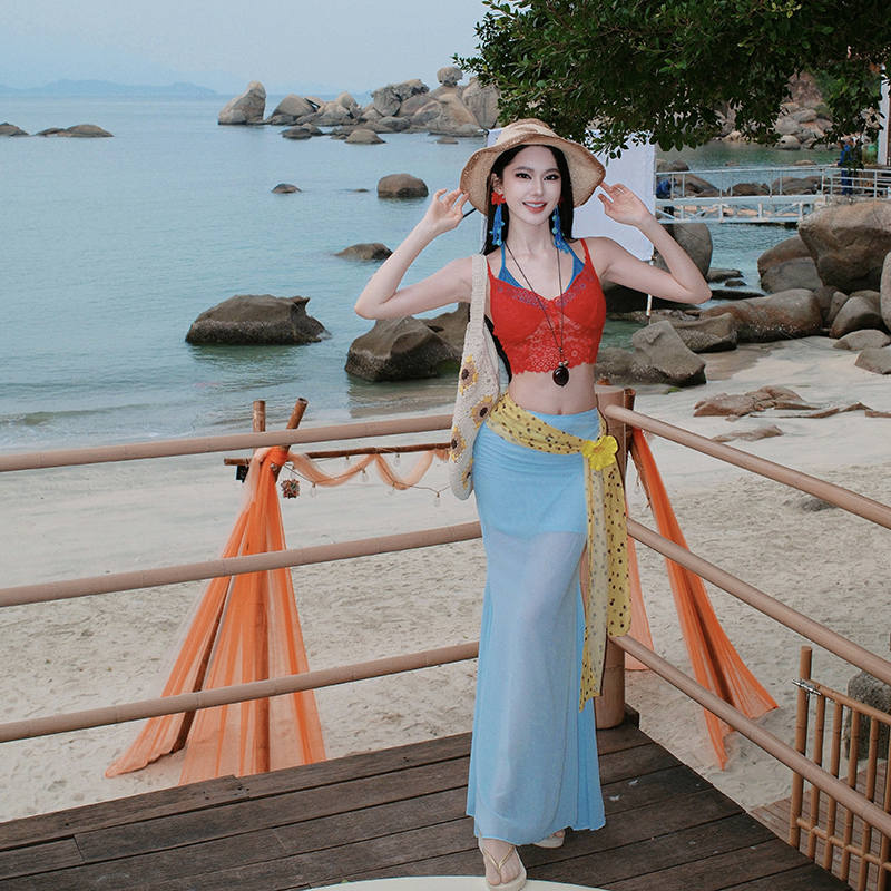 Light-blue summer vacation gauze long skirt 2pcs set for women