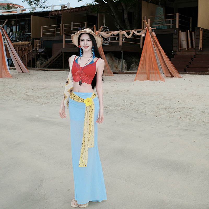 Light-blue summer vacation gauze long skirt 2pcs set for women