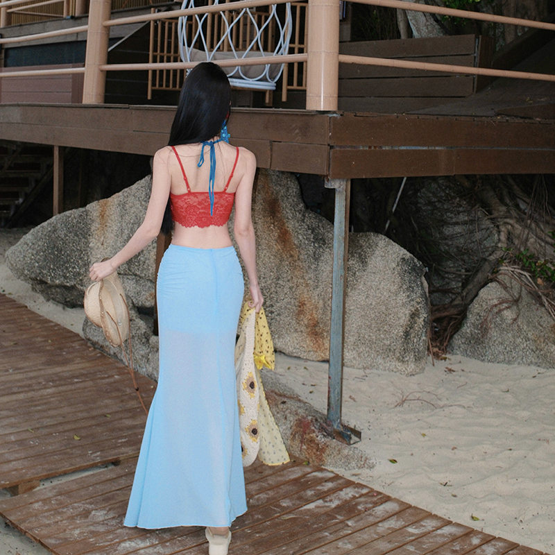 Light-blue summer vacation gauze long skirt 2pcs set for women