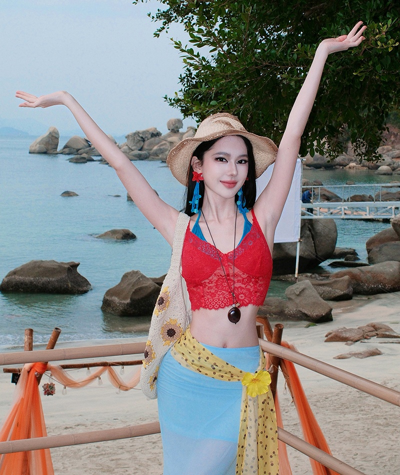 Light-blue summer vacation gauze long skirt 2pcs set for women