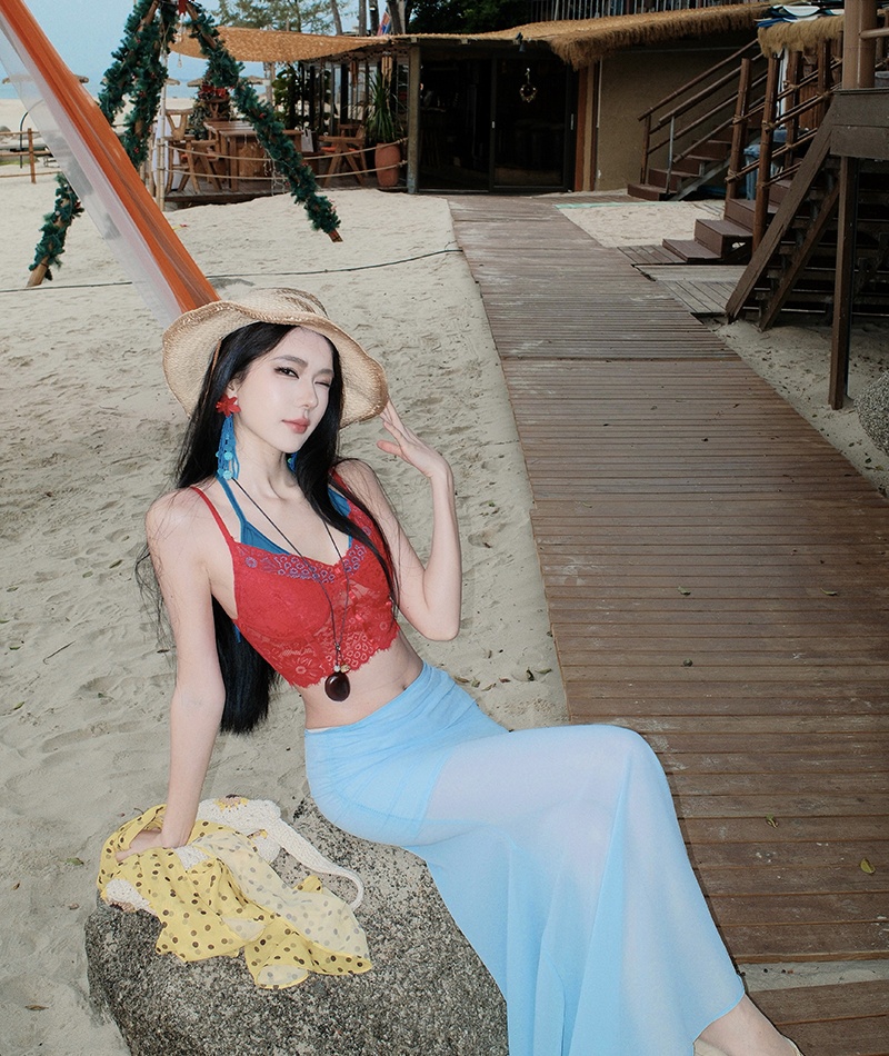 Light-blue summer vacation gauze long skirt 2pcs set for women