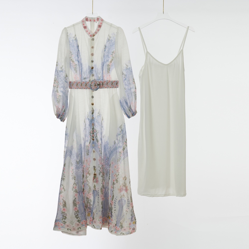 Sling inside the ride long printing dress 2pcs set