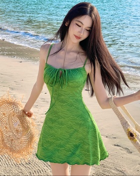 France style retro green dress vacation sling T-back