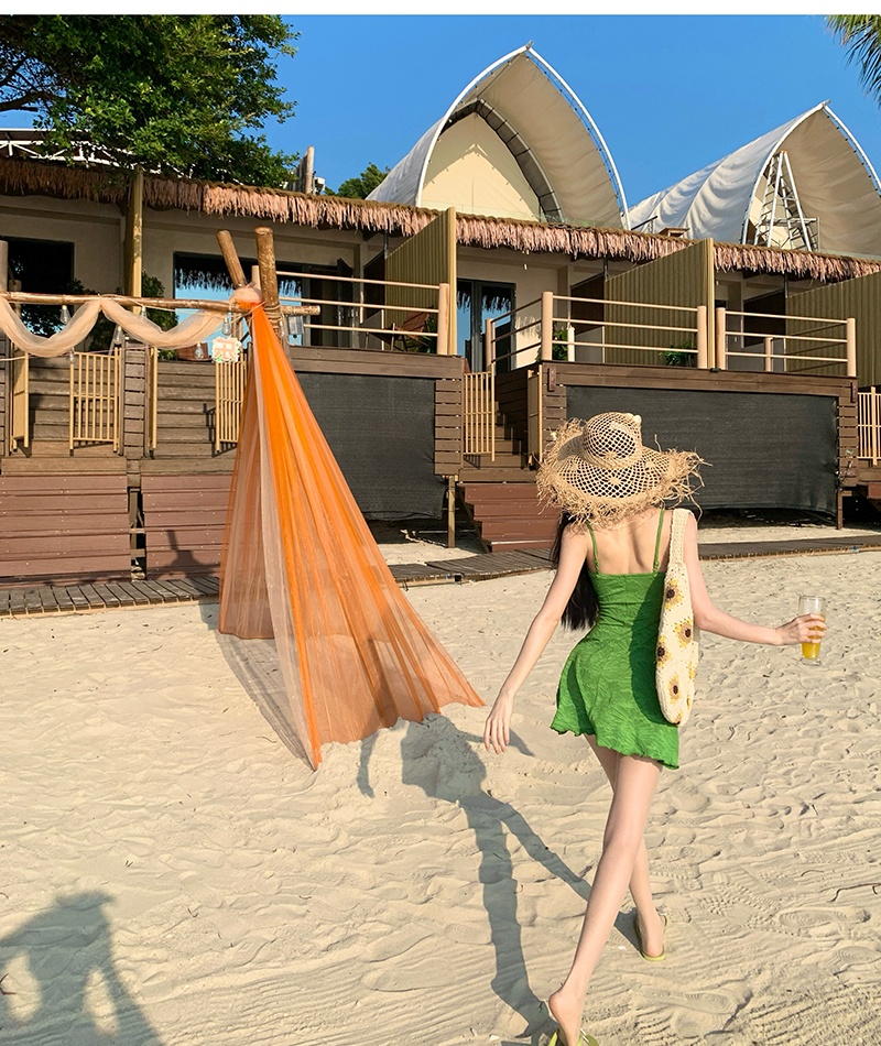 France style retro green dress vacation sling T-back