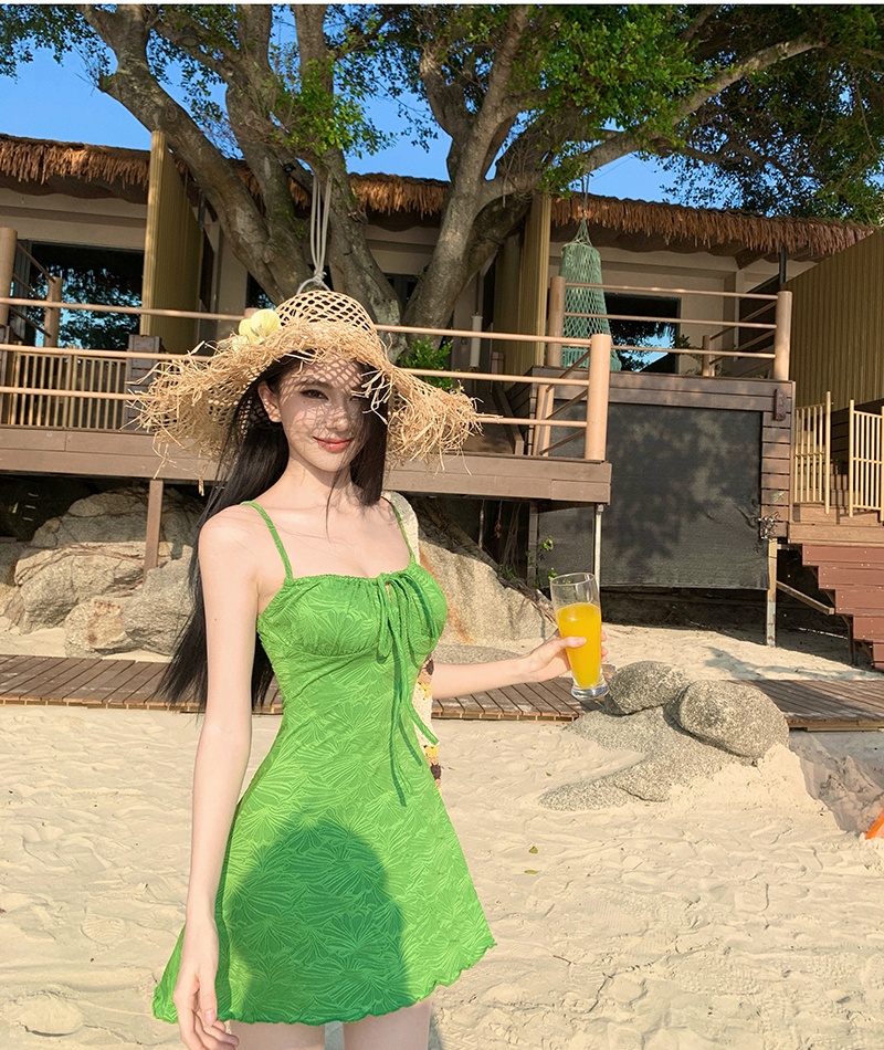 France style retro green dress vacation sling T-back