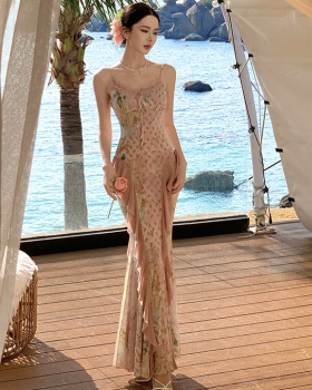 Gauze floral sling slim vacation elasticity dress