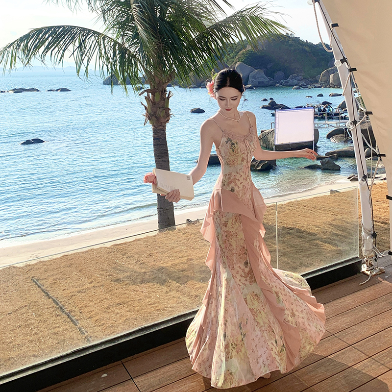 Gauze floral sling slim vacation elasticity dress