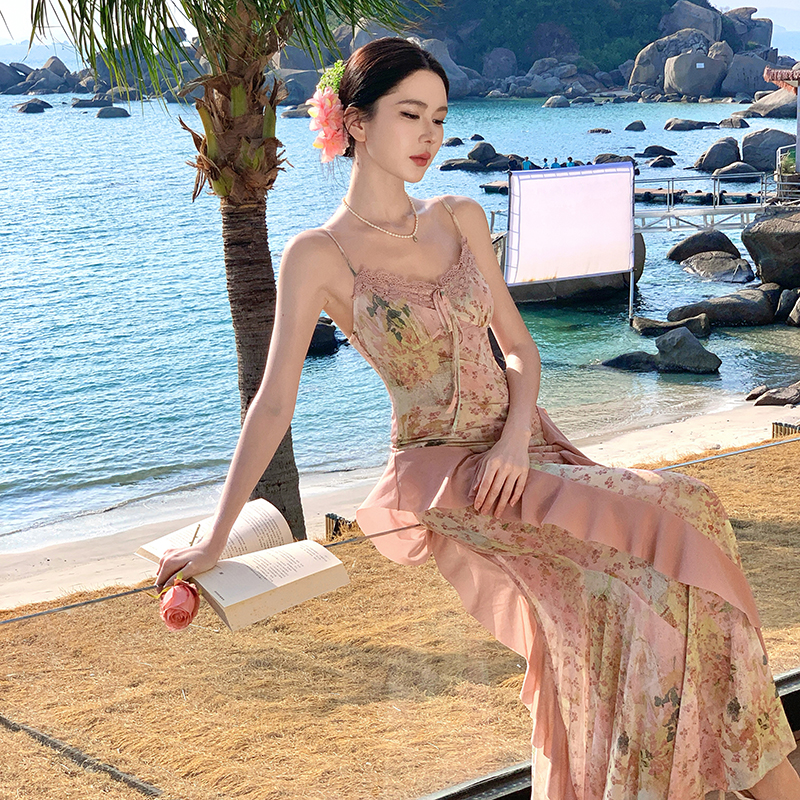 Gauze floral sling slim vacation elasticity dress