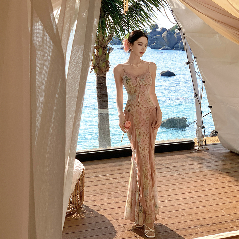 Gauze floral sling slim vacation elasticity dress