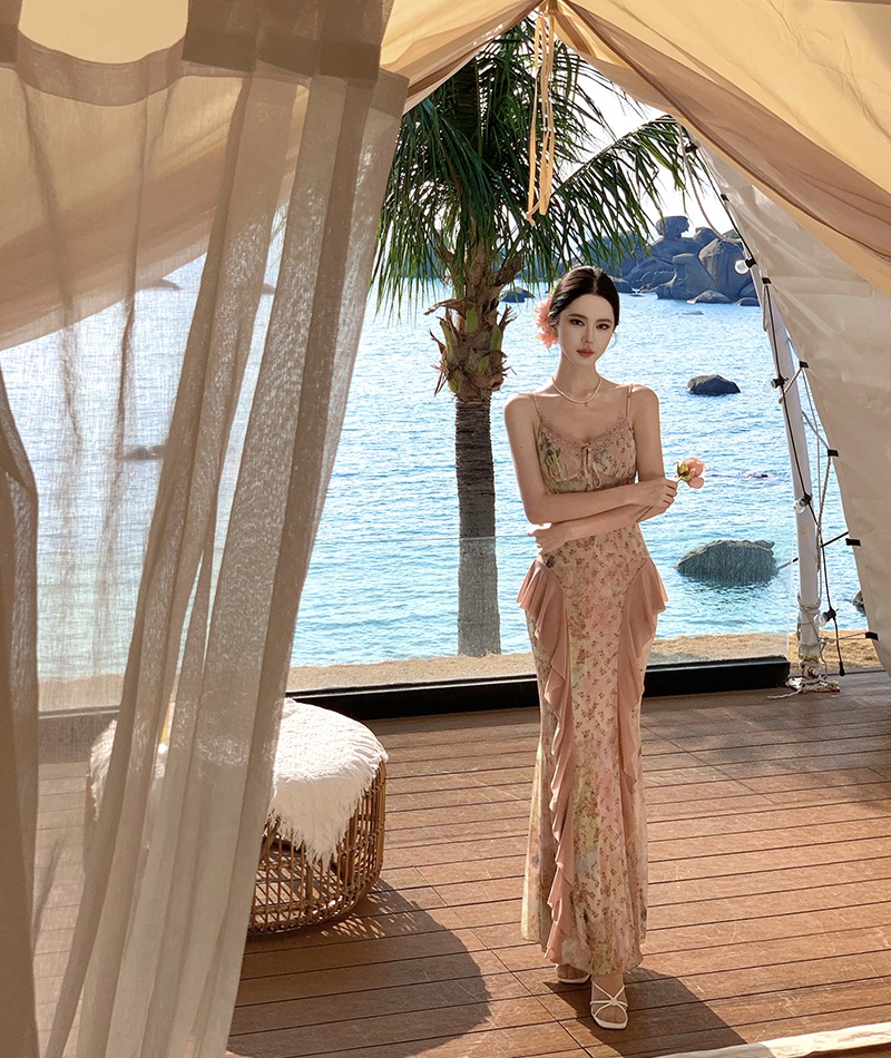 Gauze floral sling slim vacation elasticity dress