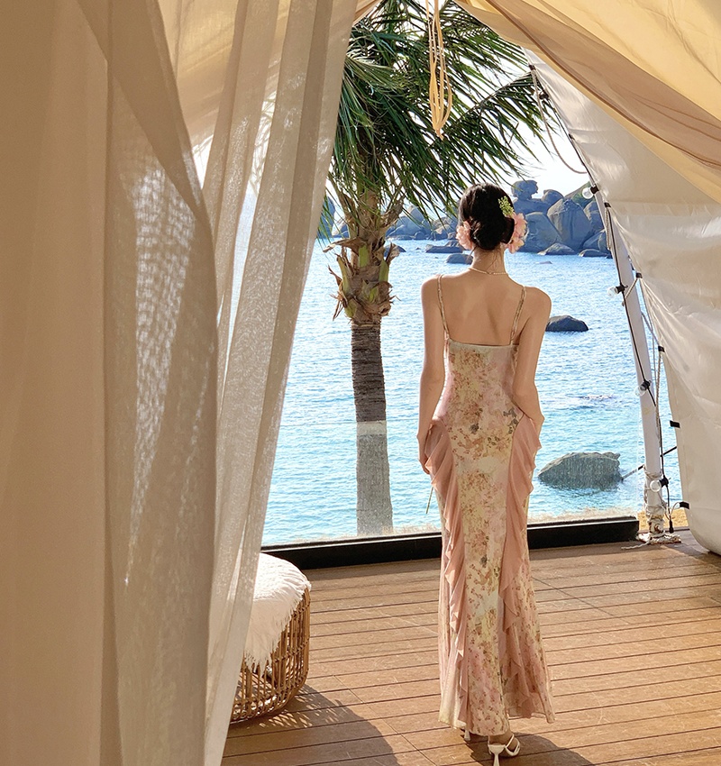 Gauze floral sling slim vacation elasticity dress