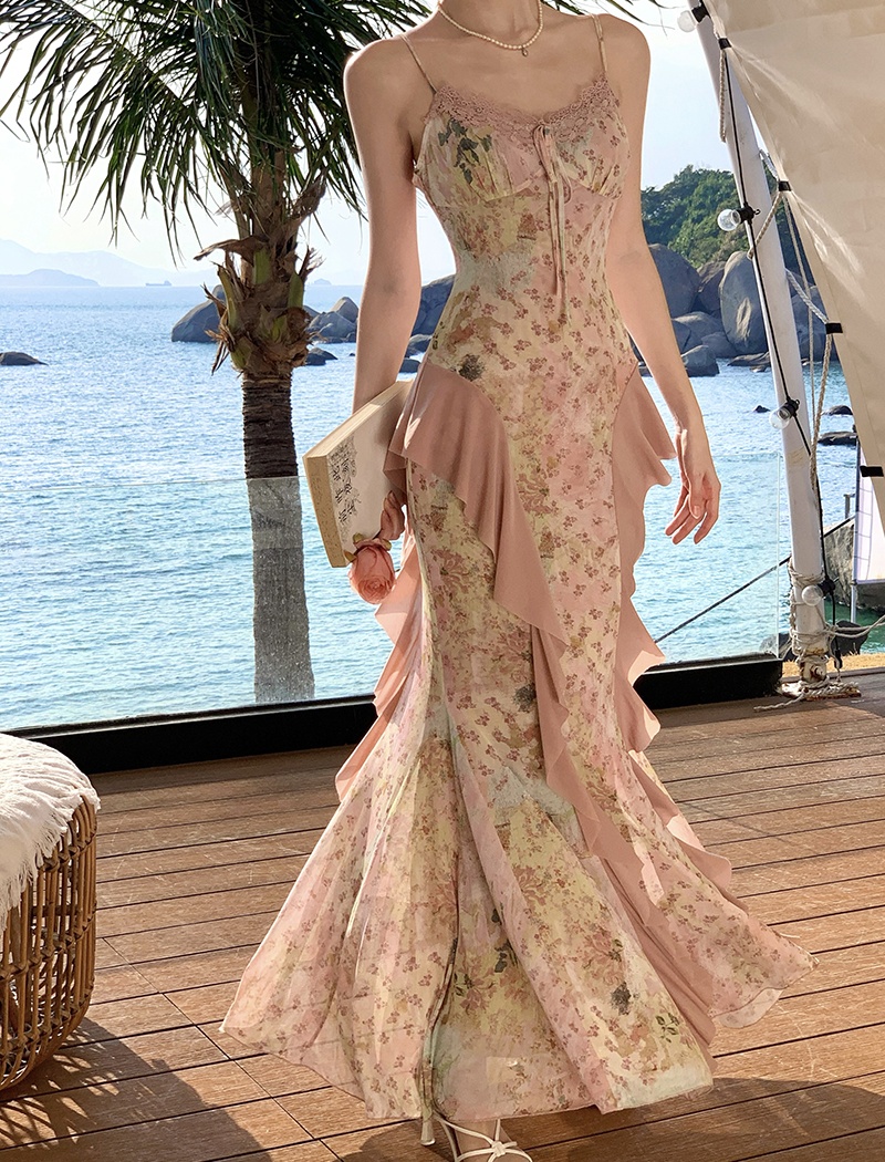 Gauze floral sling slim vacation elasticity dress