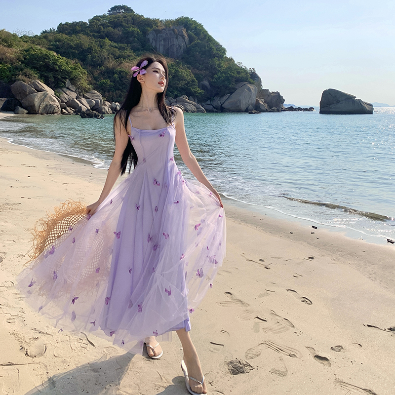 Tender butterfly long dress purple strap dress
