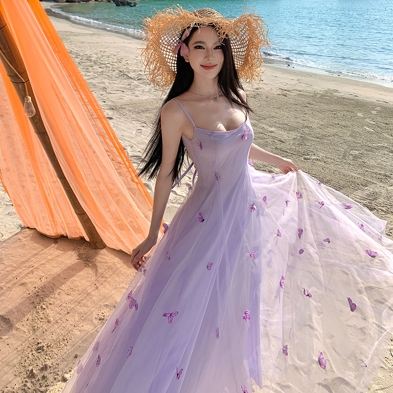 Tender butterfly long dress purple strap dress