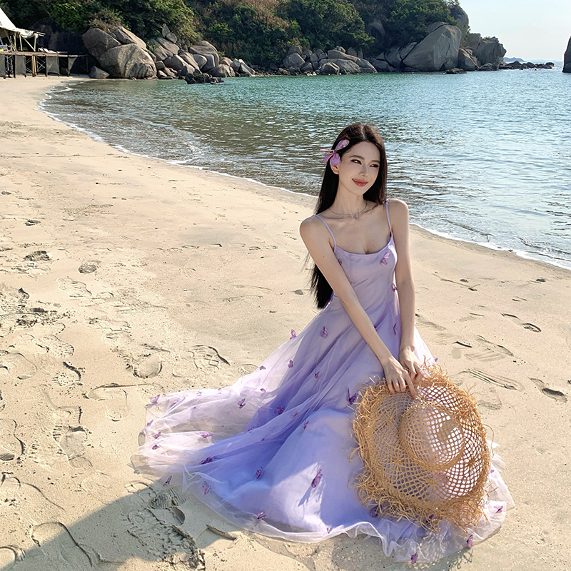 Tender butterfly long dress purple strap dress