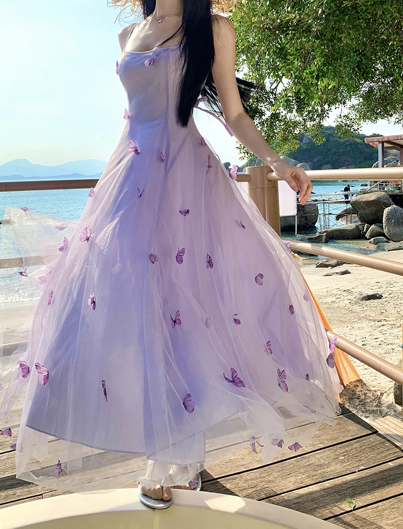 Tender butterfly long dress purple strap dress