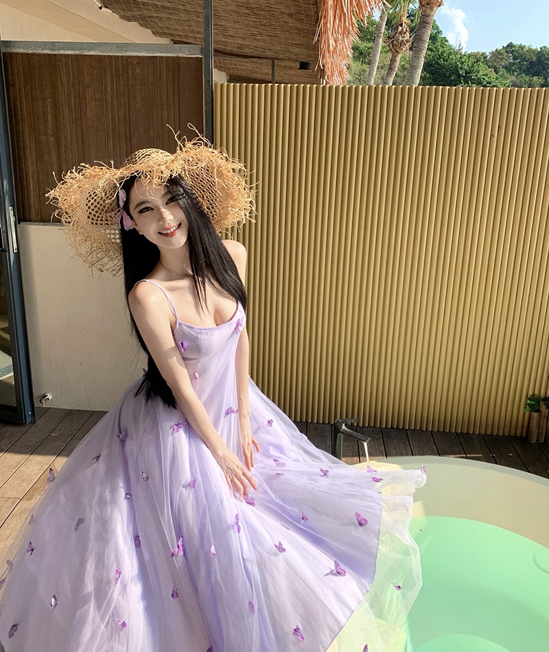 Tender butterfly long dress purple strap dress