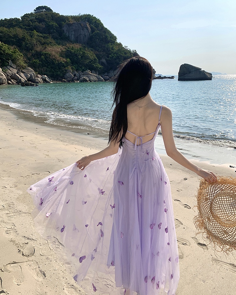Tender butterfly long dress purple strap dress