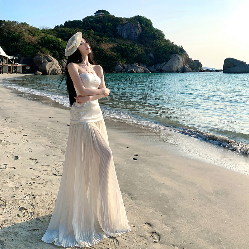 Ladies sequins dress vacation wrapped chest long dress for women