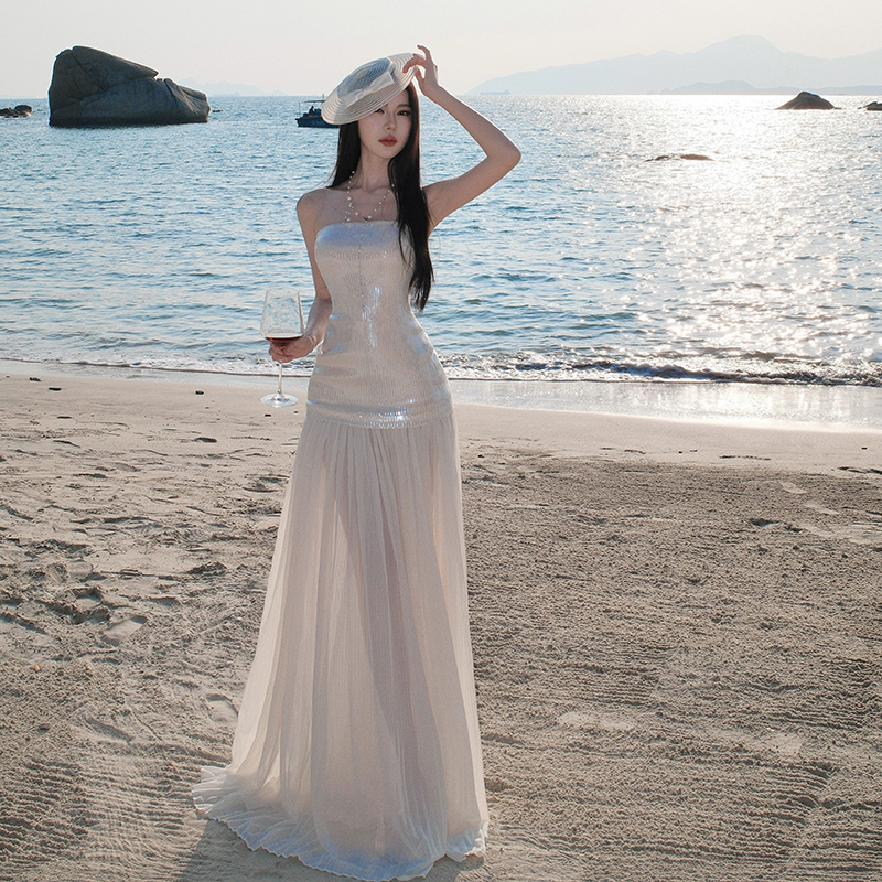 Ladies sequins dress vacation wrapped chest long dress for women