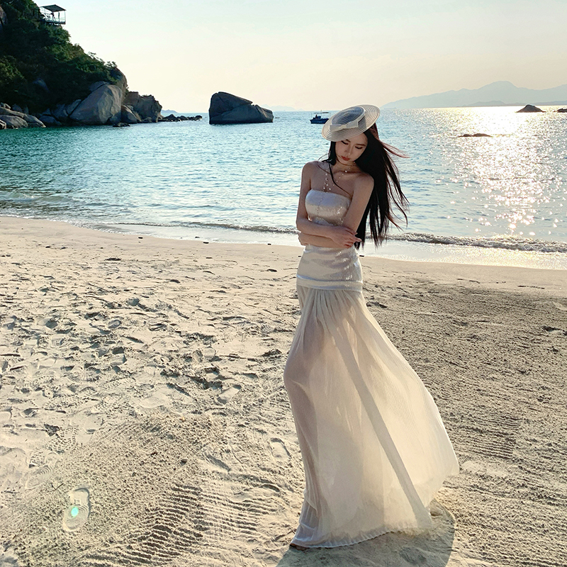 Ladies sequins dress vacation wrapped chest long dress for women