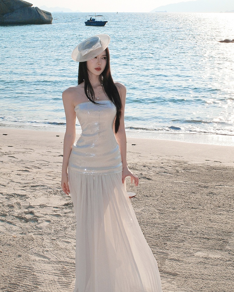 Ladies sequins dress vacation wrapped chest long dress for women