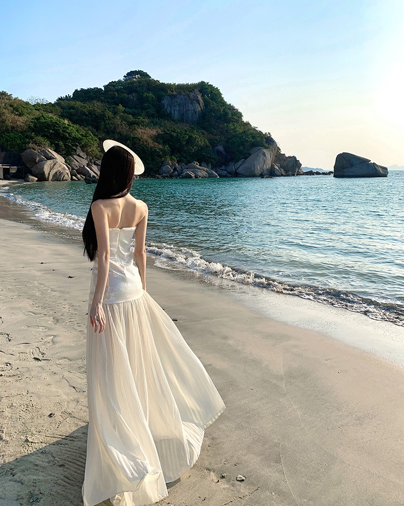 Ladies sequins dress vacation wrapped chest long dress for women