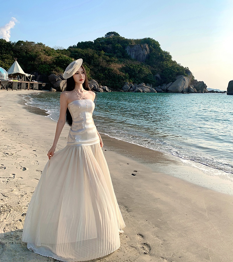 Ladies sequins dress vacation wrapped chest long dress for women