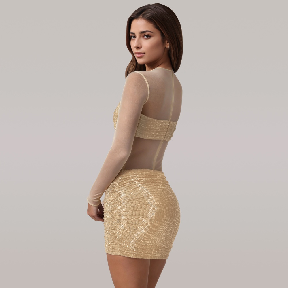 Gauze perspective dress fashion rhinestone T-back for women